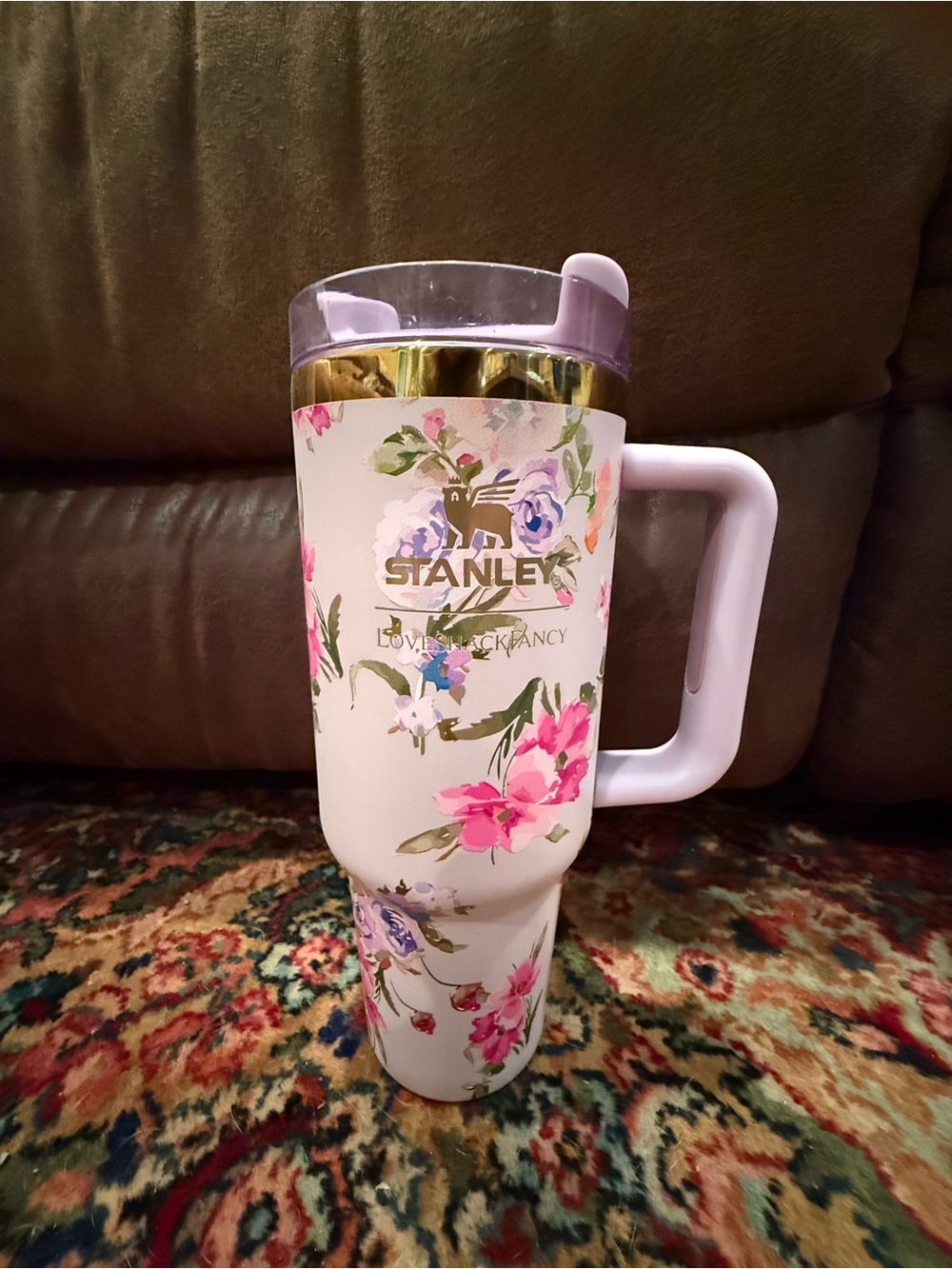 Stanley White Travel Mug with Pink Floral Accents and Gold Trim